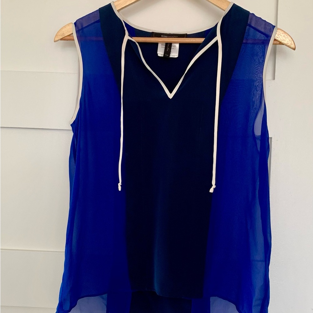 BCBGMaxAzria Royal Blue Sheer Sleeveless Blouse